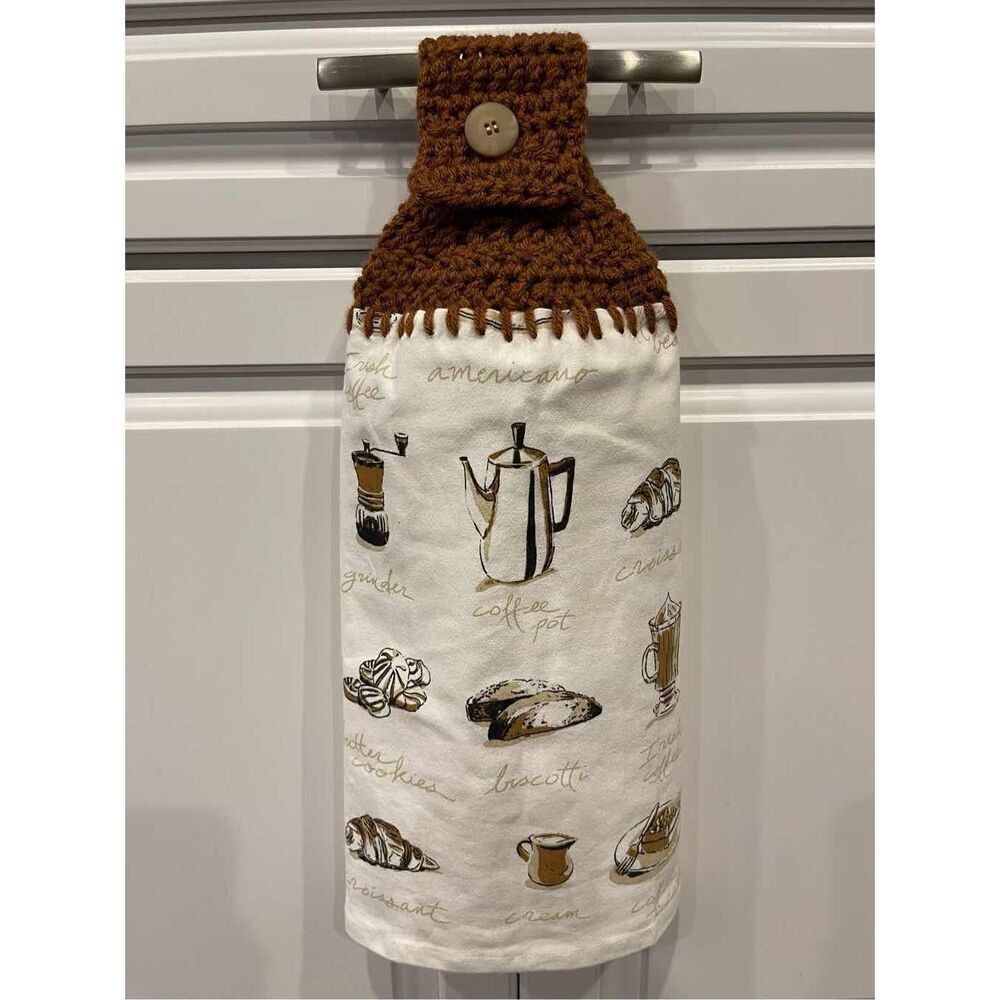 Crochet Top Kitchen Towel- Coffee Themed brown topper